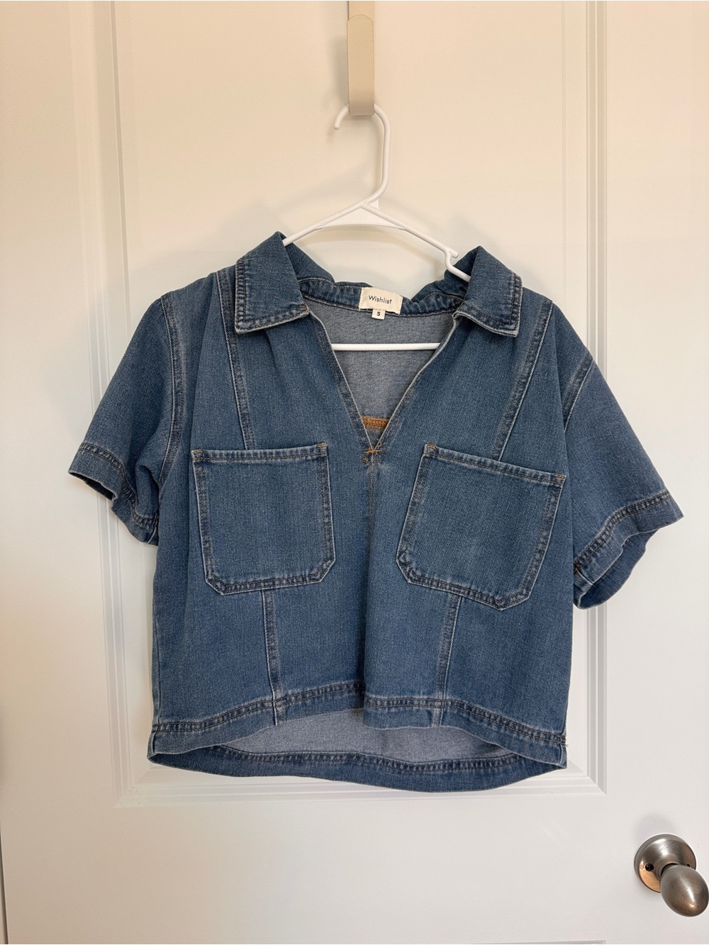 Piper and Scoot Cropped Denim Boxy Shirt - Medium Blue